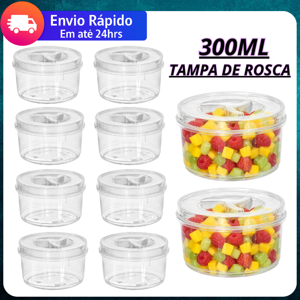 Jogo de 10 Pote Redondo 300ml Transparente Com Rosca Perfeita Vedação BPA FREE Papinha Alimentos
