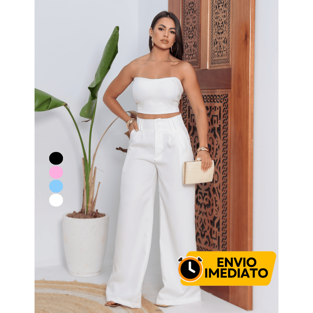 Conjunto Alfaiataria Calça Social com Bolso e Top sem Alça Coleção Verão Elegante em Oferta na Shopee