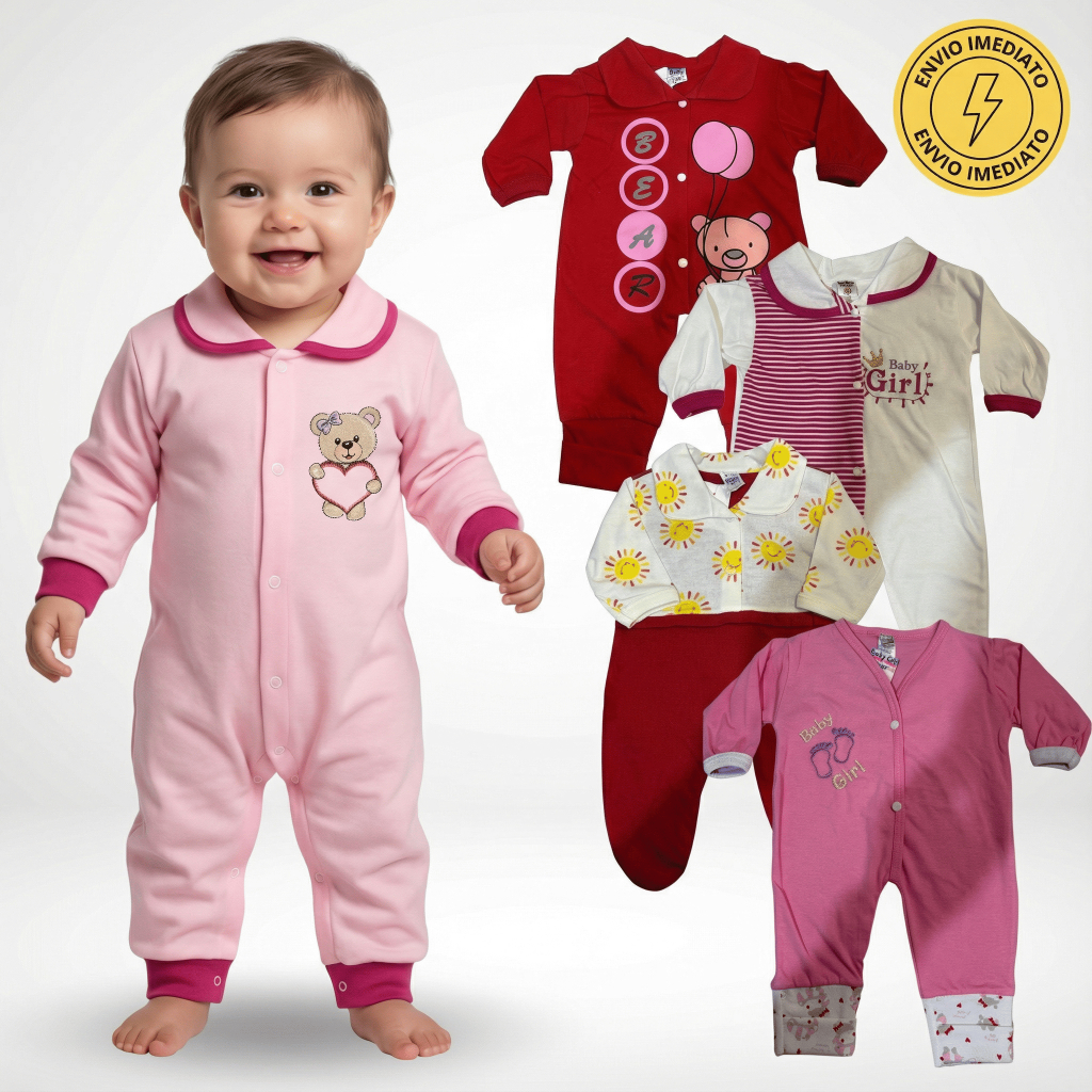 Kit 4 Macacão Menina Bebê Estampado Algodão Vira Pé Reversível Inverno Confortável Enxoval Macio