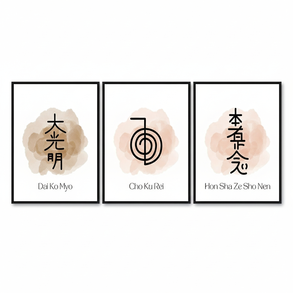 Imagem Quadro decorativo Símbolos Nordic Reiki Poster Inspirado Meditação Espiritual (3 peças 40x60)