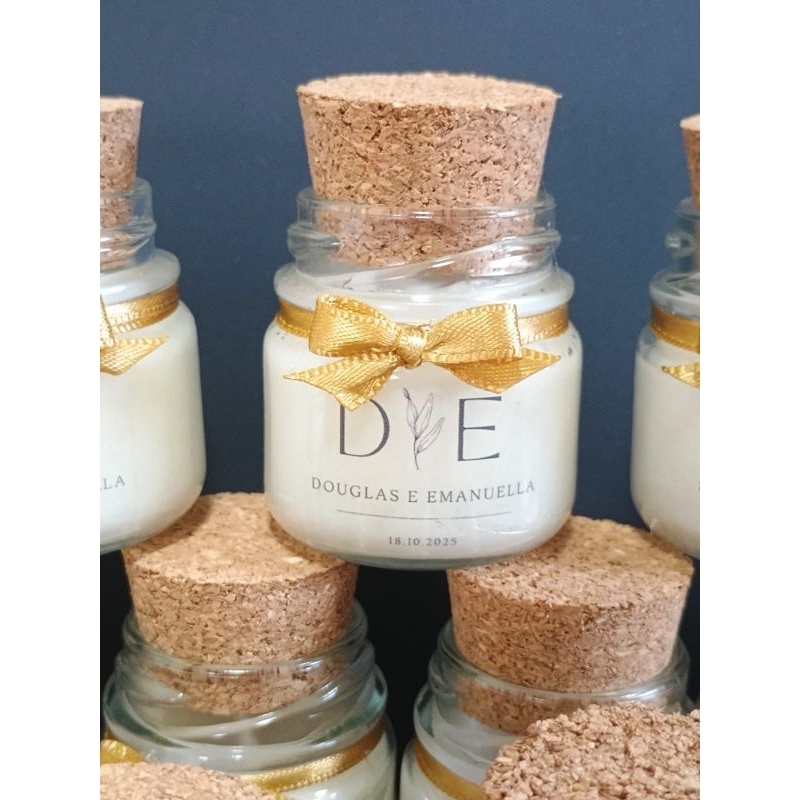 Mini Vela Aromática no Pote de Vidro com Tampa de Cortiça – Lembrancinha Personalizada para Batizado kit com 10, 20, 30