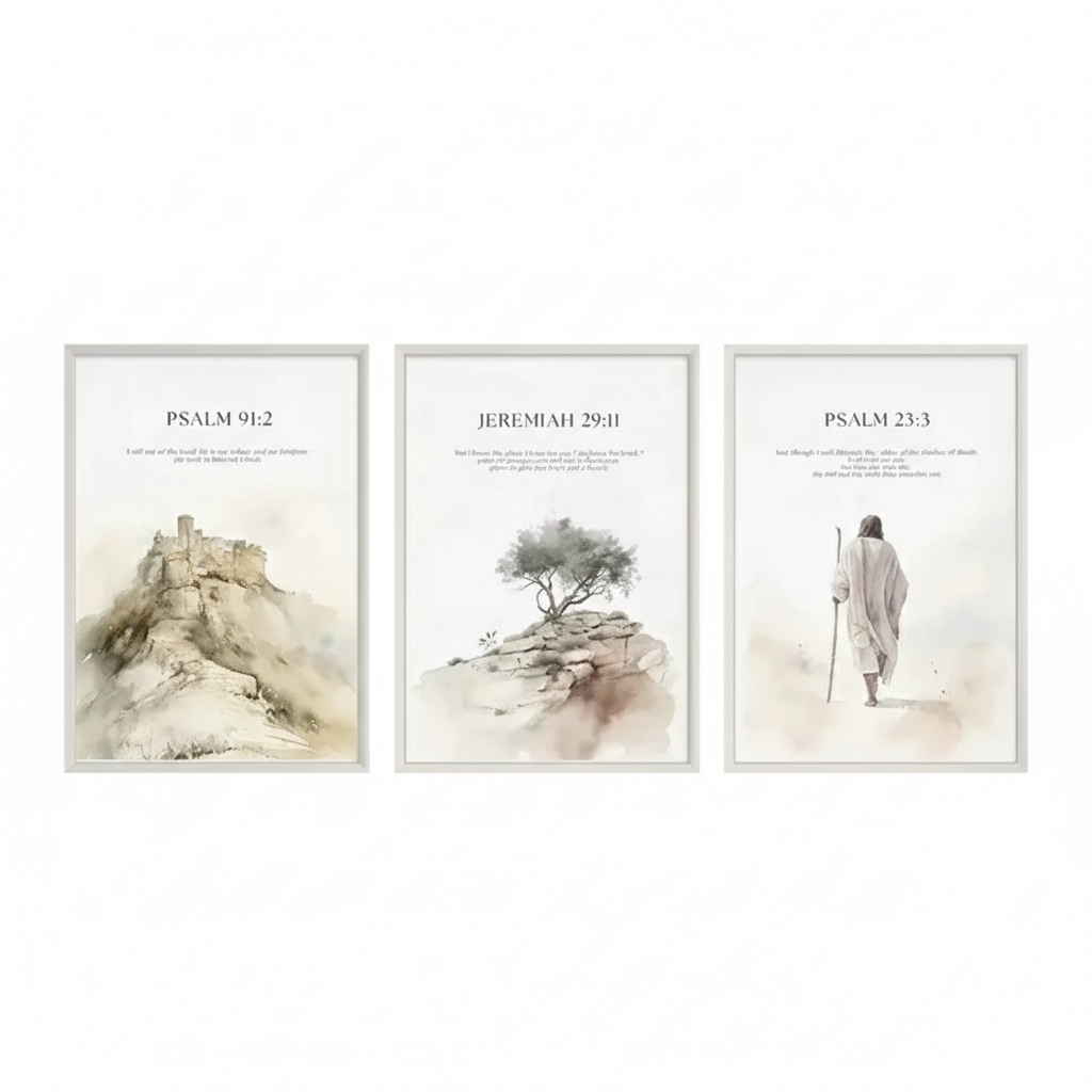 Quadro decorativo Jesus Verso Bíblico Cristão, Salmo 19:3, 91:2, 2911 tamanho 40x60 (3 peças)