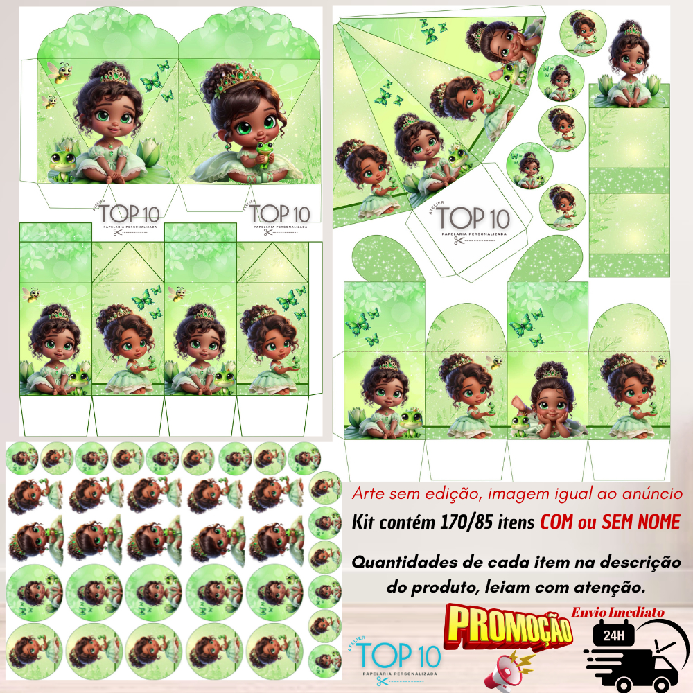 Kit de Lembrancinhas Personalizadas com 170/85 itens TEMA: A PRINCESA E O SAPO IA - Envio rápido