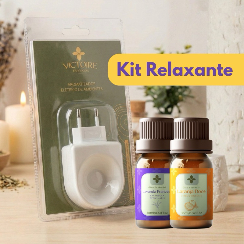 KIT DIFUSOR RELAXANTE + ÓLEO ESSENCIAL LAVANDA 10ML + LARANJA DOCE 10ML