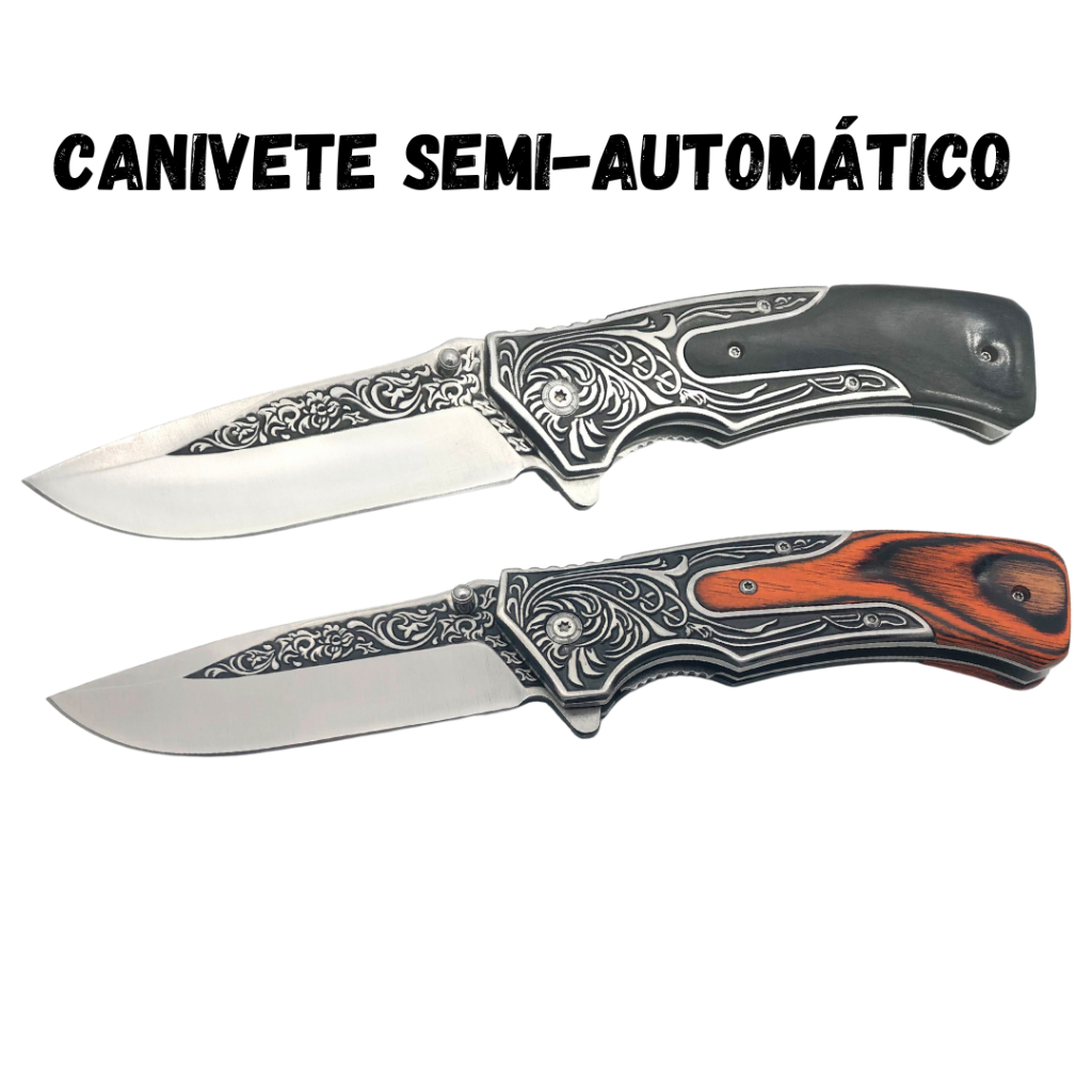 Canivete Semi Automático Cabo Madeira e Ferro Detalhado- 1599