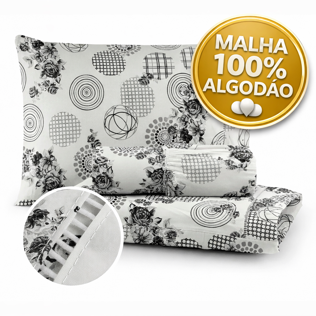 Jogo De Lençol Malha Queen 3 Peças 100% Algodão Estampado Ondas