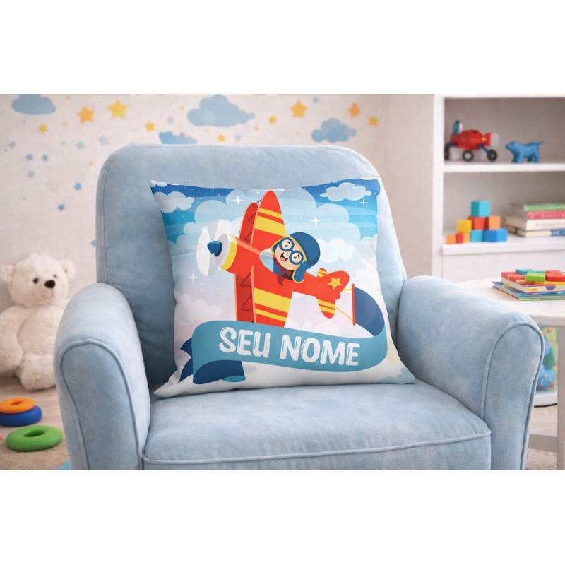 CAPA DE ALMOFADA COM NOME PERSONALIZADO, INFANTIL, AVIÃO, SEU NOME AQUI - TAM 30X30, 40X40, 45X45, 50X50 em Oferta na Shopee