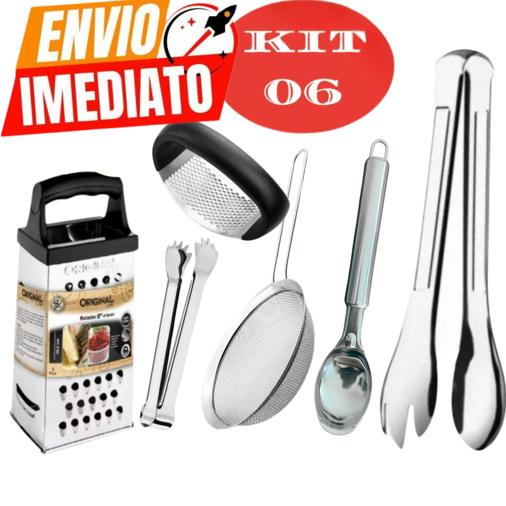 kit 06 peças ralador peneira a,assador de alho pegador de salada pegador de carne colher sorvete inox l