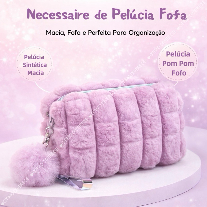 Necesser Pelucia Necessaire Com Pompom Com Alça Feminina Estojo de Bolsa em Oferta na Shopee