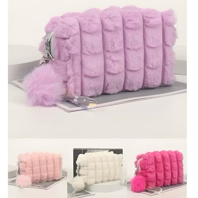 Necesser Pelucia Necessaire Com Pompom Com Alça Feminina Estojo de Bolsa