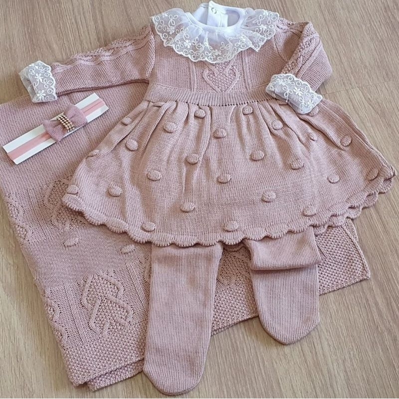 Saída de Maternidade de Luxo em Tricot. Saida Vestido Rosê