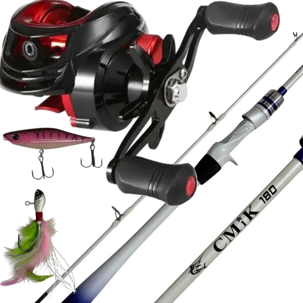Carretilha 19 Rol c/ Vara Ultra-Fina+ Isca Superficie e Jig p/ Tucunaré