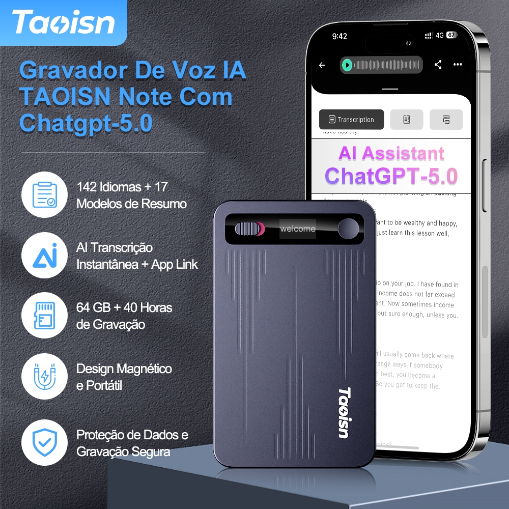 Taoisn Gravador de Voz IA Inteligente142 Idiomas Transcrição Automática GPT-5,Redução de Ruído,64GB,40h- Android IOS em Oferta na Shopee