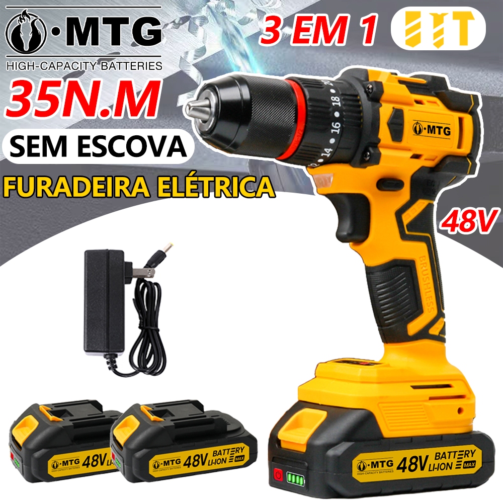 Furadeira De Impacto Sem Escova 21V WJ110 35N·m De Torque + 2 Baterias 48V Com Visor