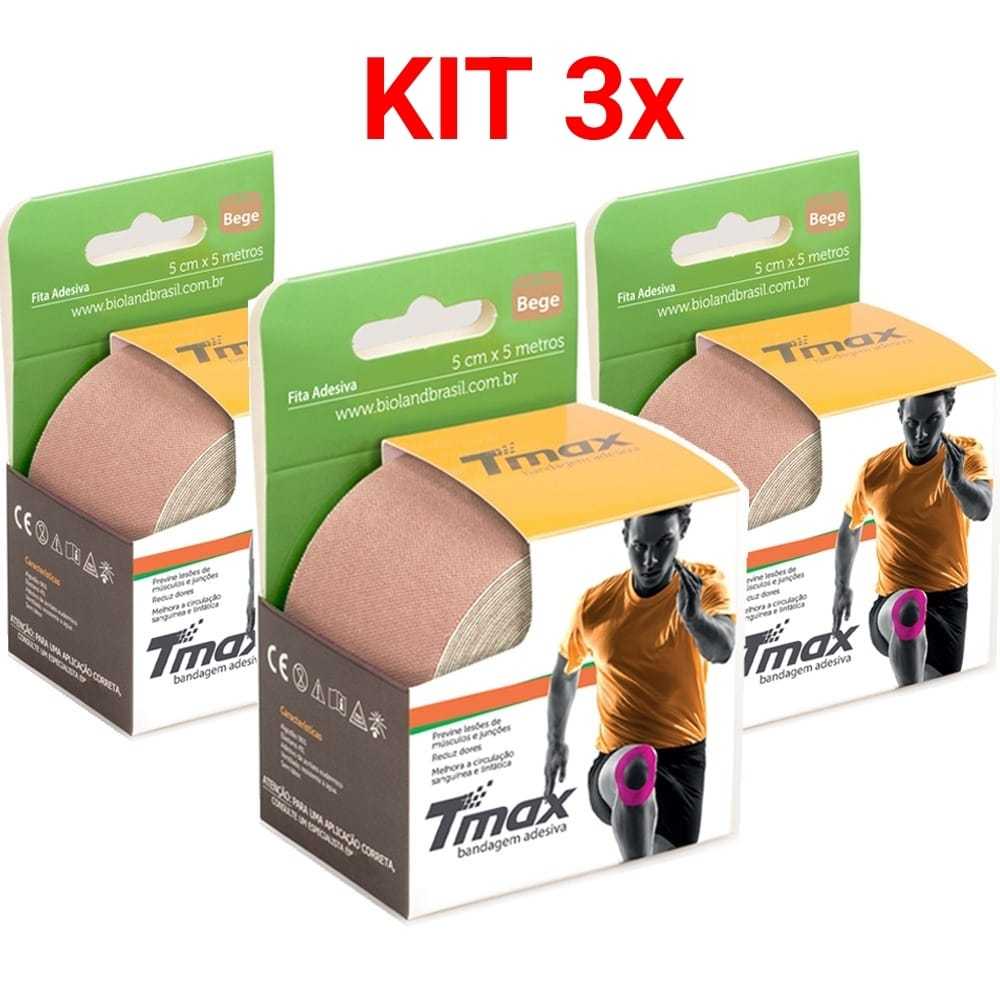 KIT 3X (TRES) Fitas Kinesio Tmax Bandagem Elástica Terapêutica 5 Cm X 5m BEGE OU (DIVERSIFICADAS) Original Bioland