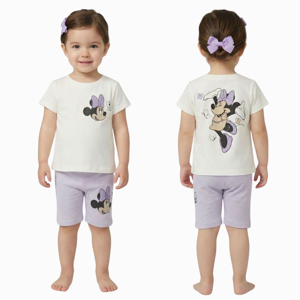 Conjunto Infantil Menina Minnie Mouse Lilás e Azul Blusa e Shorts Feminino Verão