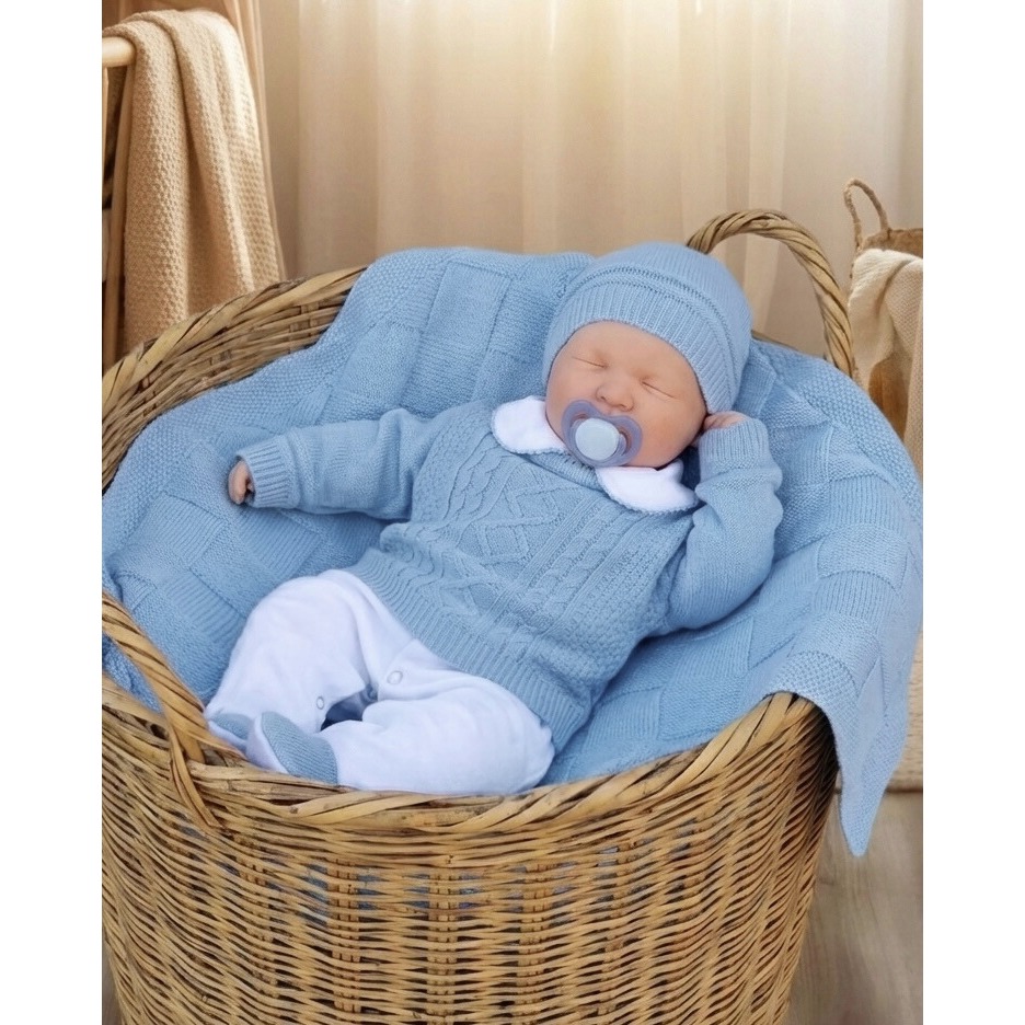 Saída de maternidade menino em tricô azul bebê Vitor em Oferta na Shopee
