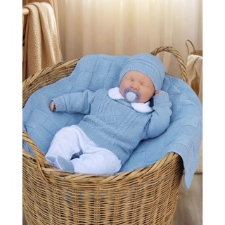 Saída de maternidade menino em tricô azul bebê Vitor em Oferta na Shopee