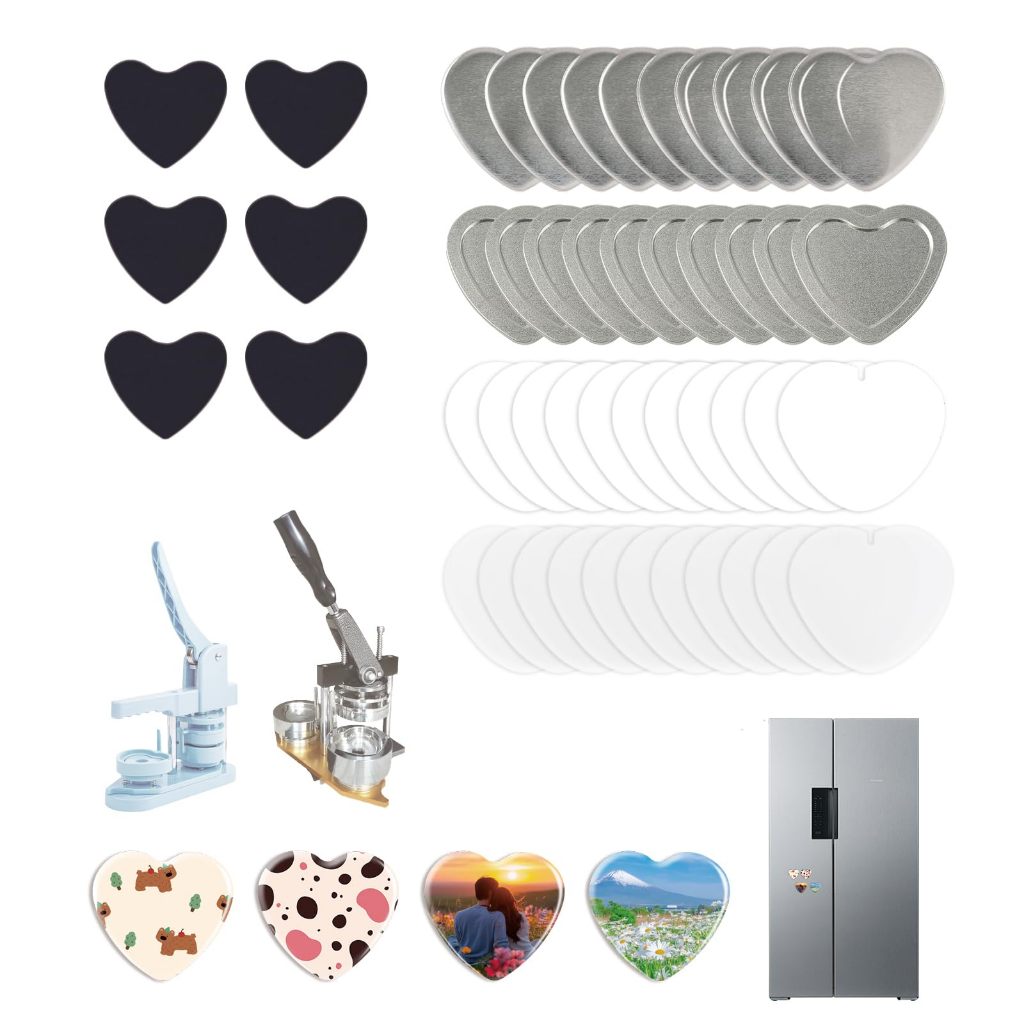 50 conjuntos de materiais para fabricar ímãs em forma de coração de 57 mm, máquina para fabricar crachás Mecolour