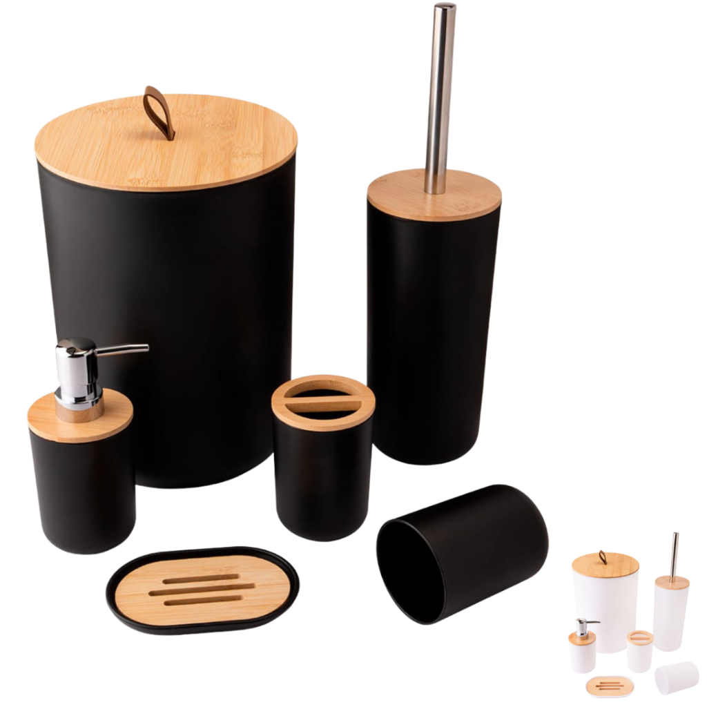 Kit Banheiro Bambu 6 peças Luxo Conjunto Lavabo Saboneteira Lixeira para Banheiro e Acessorios em Oferta na Shopee