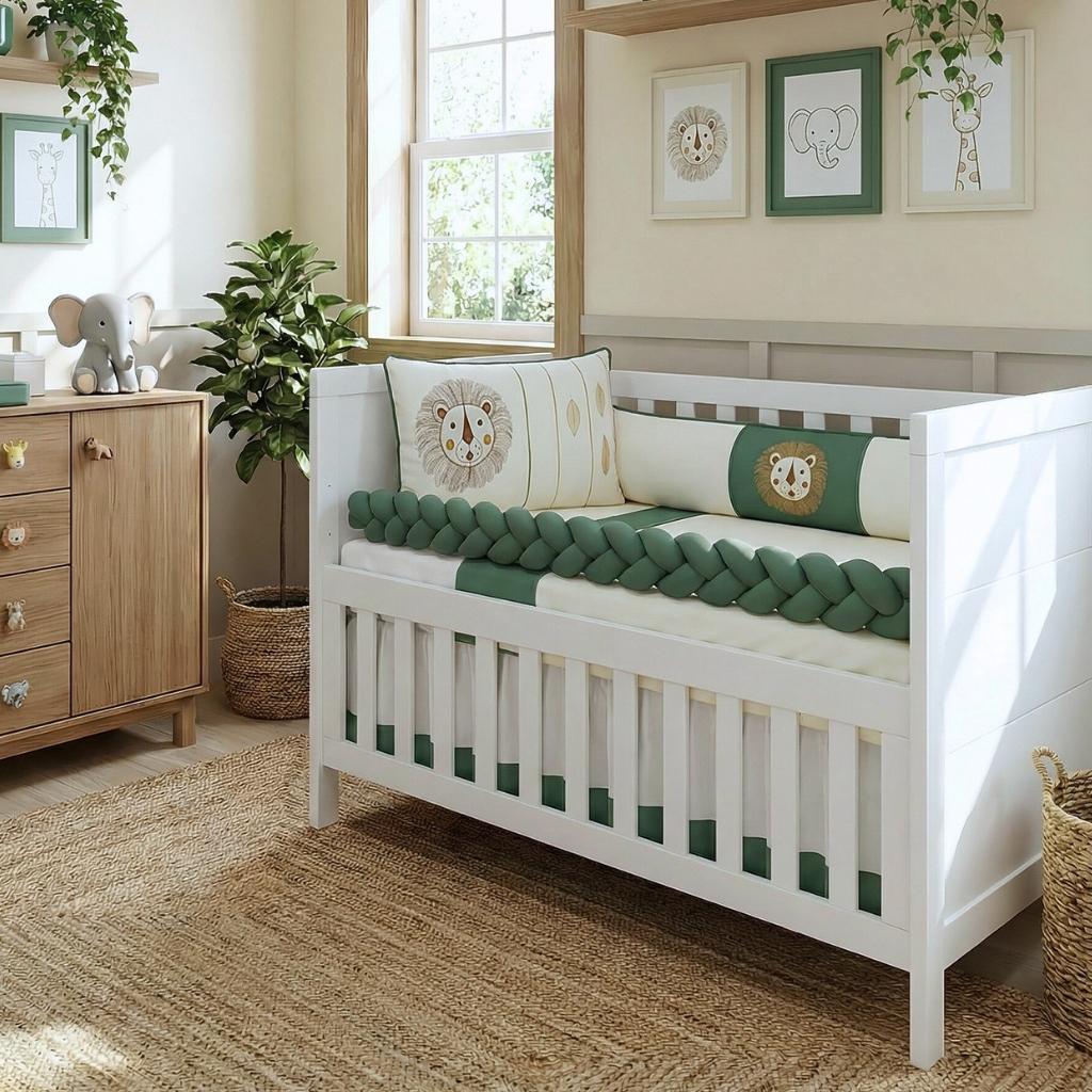 Kit Berço Americano Algodão Completo  Menino Menina Azul Rosa Safari Princesa Leão Flores Bordado