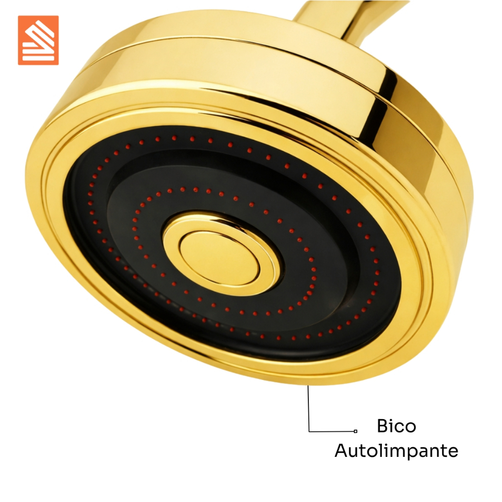 Ducha Chuveiro Autolimpante Dourado Inox Redondo Aquecedor a Gás ou Solar Cabeça Articulável Luxo — imagem 2 de 2