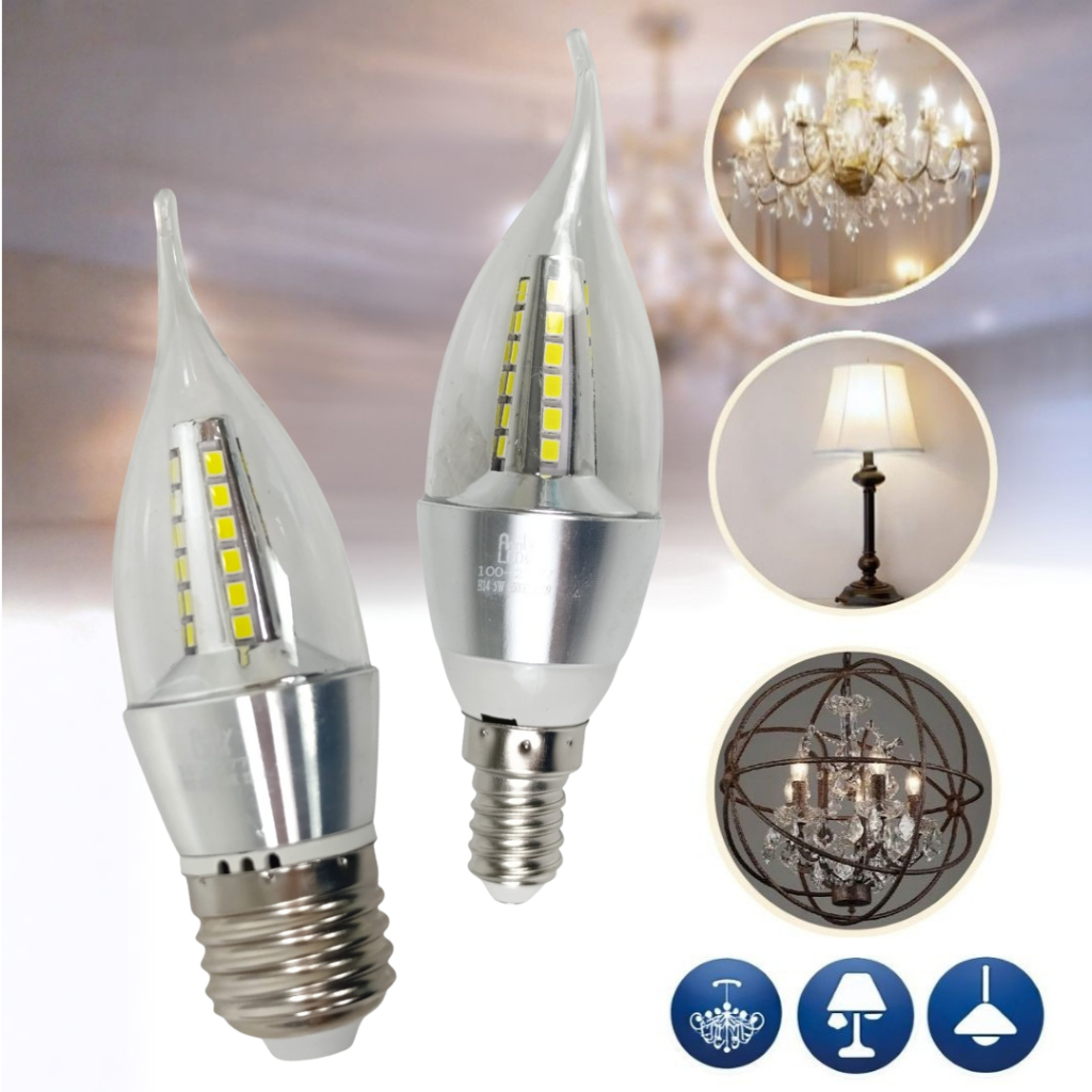 Lâmpada Vela Bico Torto 5w Bivolt E14 E27 Branco Frio / Quente Lustre kit 8, 10 e 12 unidades em Oferta na Shopee