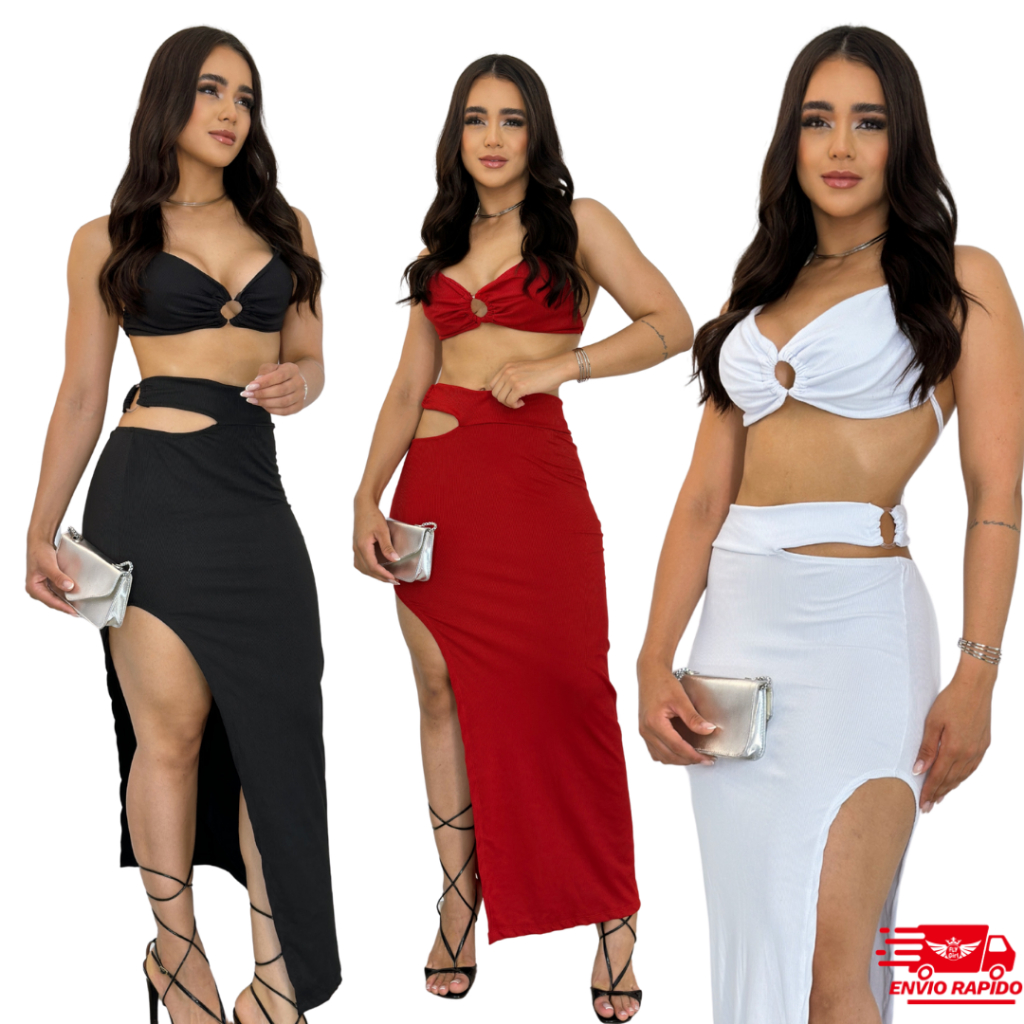 Conjunto Feminino Saia Longa Top Croped Decotado Sensual com Argola Ribana Premium