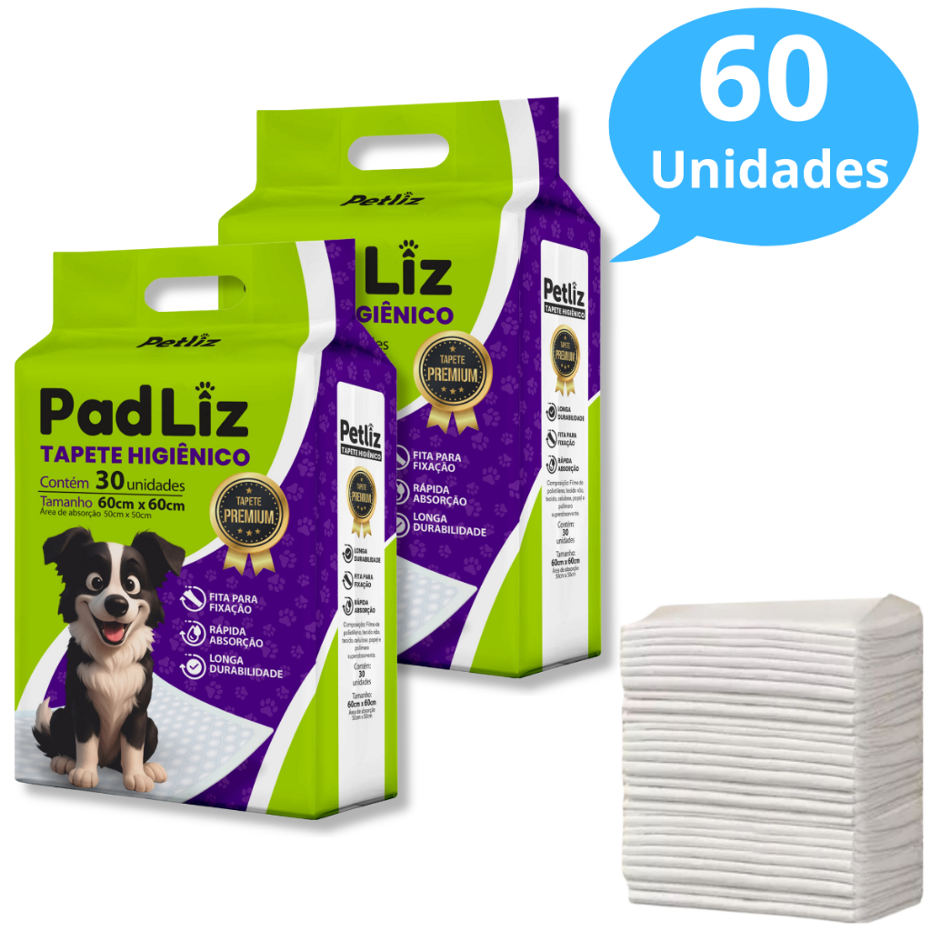 Kit 2 Tapete Higiênico para Cachorro Padliz 60 x 60 cm 60 Unidades - Petliz