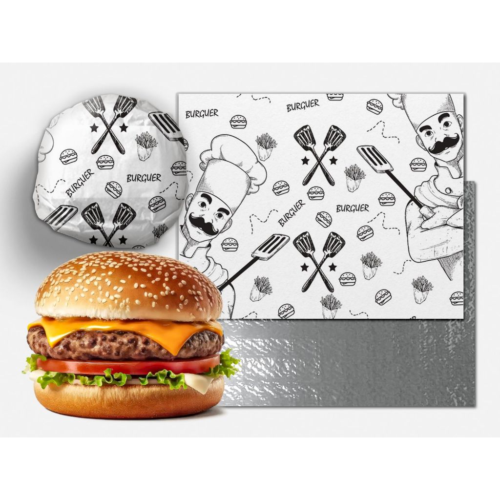 500 PAPEL 33X38 ACOPLADO TÉRMICO LAMINADO METALIZADO BURGUER BURGER HAMBURGUER BARREIRA ANTIGORDURA