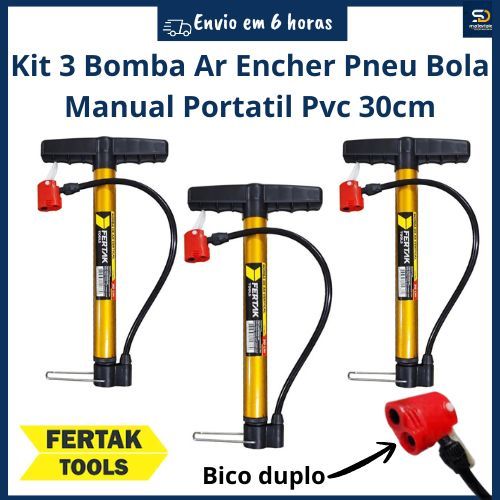 Kit 3 Bomba de Ar Encher Pneu Bicicleta Carro Bola Manual Portatil Fertak  Pvc 30cm