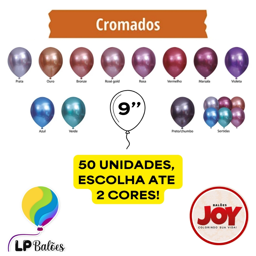 KIT Balão Bexiga Festa, N.9 Polegadas C 50 Unid JOY - Cromado Alumínio - Aniversário - Platino Látex