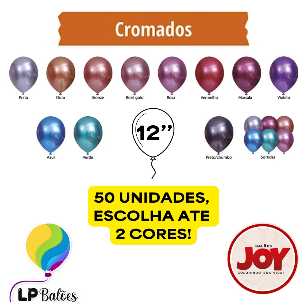 KIT Balão Bexiga Festa Látex N.12 Polegadas C50 Uni - JOY - Cromado Aluminio - Aniversário - Platino