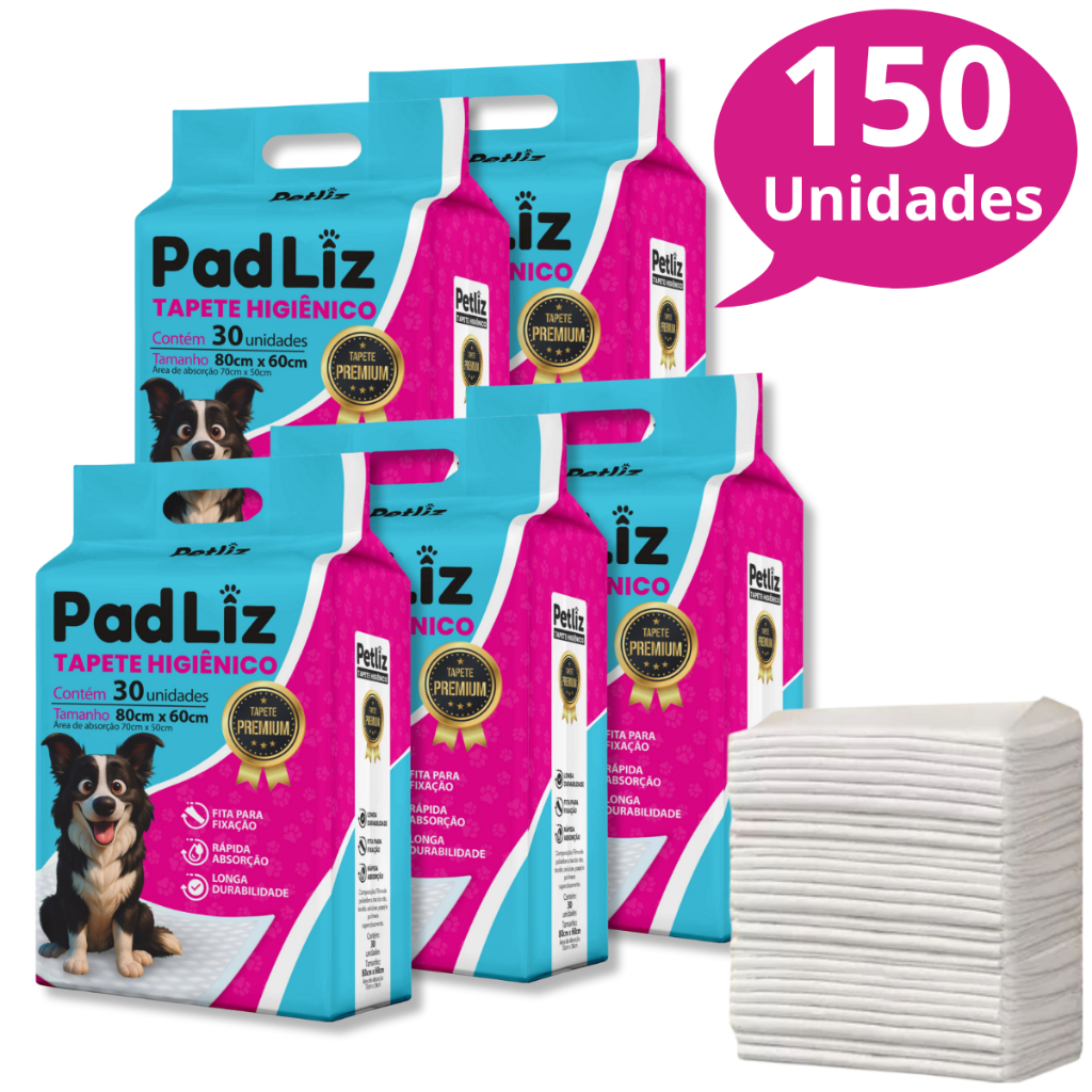 Kit 5 Tapete Higiênico para Cachorro Padliz 80 x 60 cm 150 Unidades- Petliz