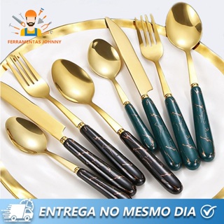 Kit 24 peças Talheres Colher Garfo Faca Luxo Linha Ouro Estilos de cerâmica em preto/rosa/branco/verde escuro em Oferta na Shopee