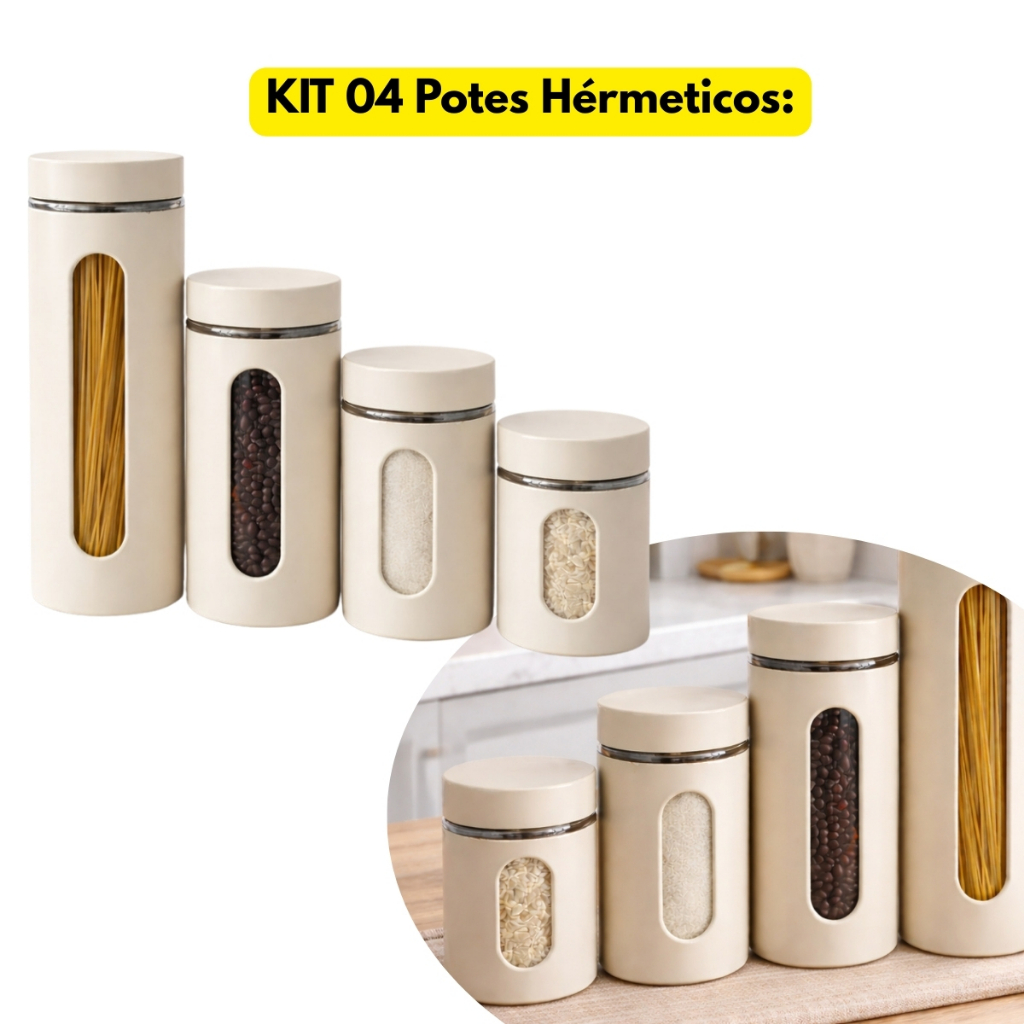 Jogo Kit 04 Potes Herméticos Vidro Aço Inox Branco Tubo Tampa Visor Grande Mantimentos Condimentos em Oferta na Shopee