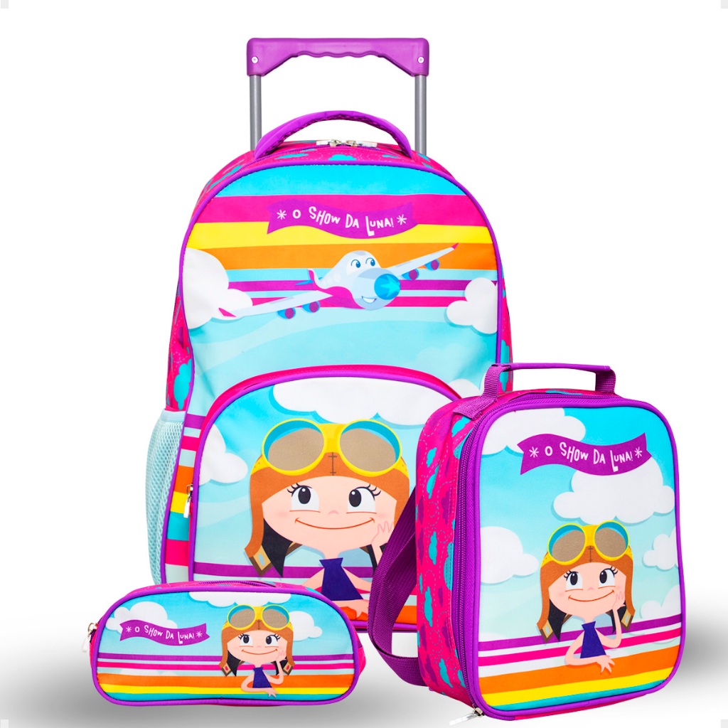 Kit Mochila de Rodinha Infantil Menina Menino + Lancheira Térmica + Estojo Comoleto