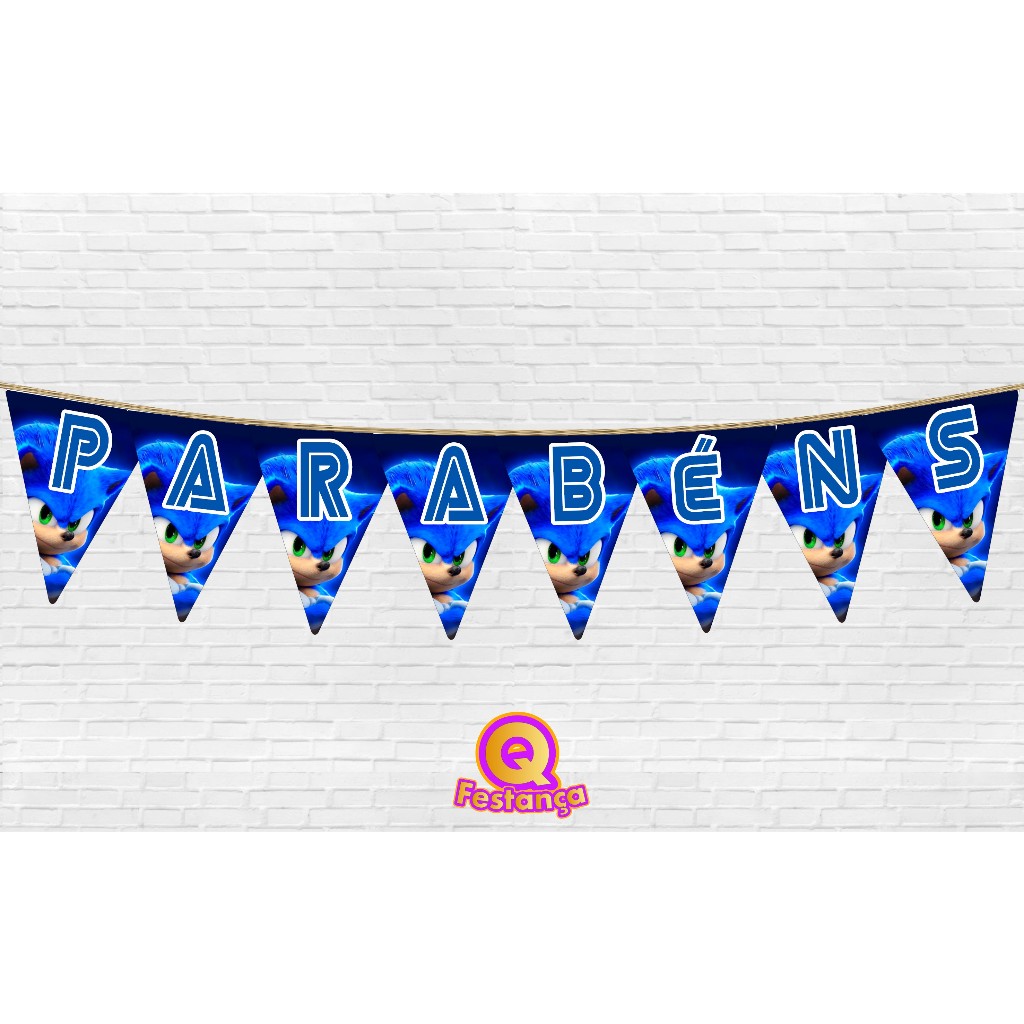Bandeirola Sonic PARABÉNS Decoração Festa Aniversário Infantil