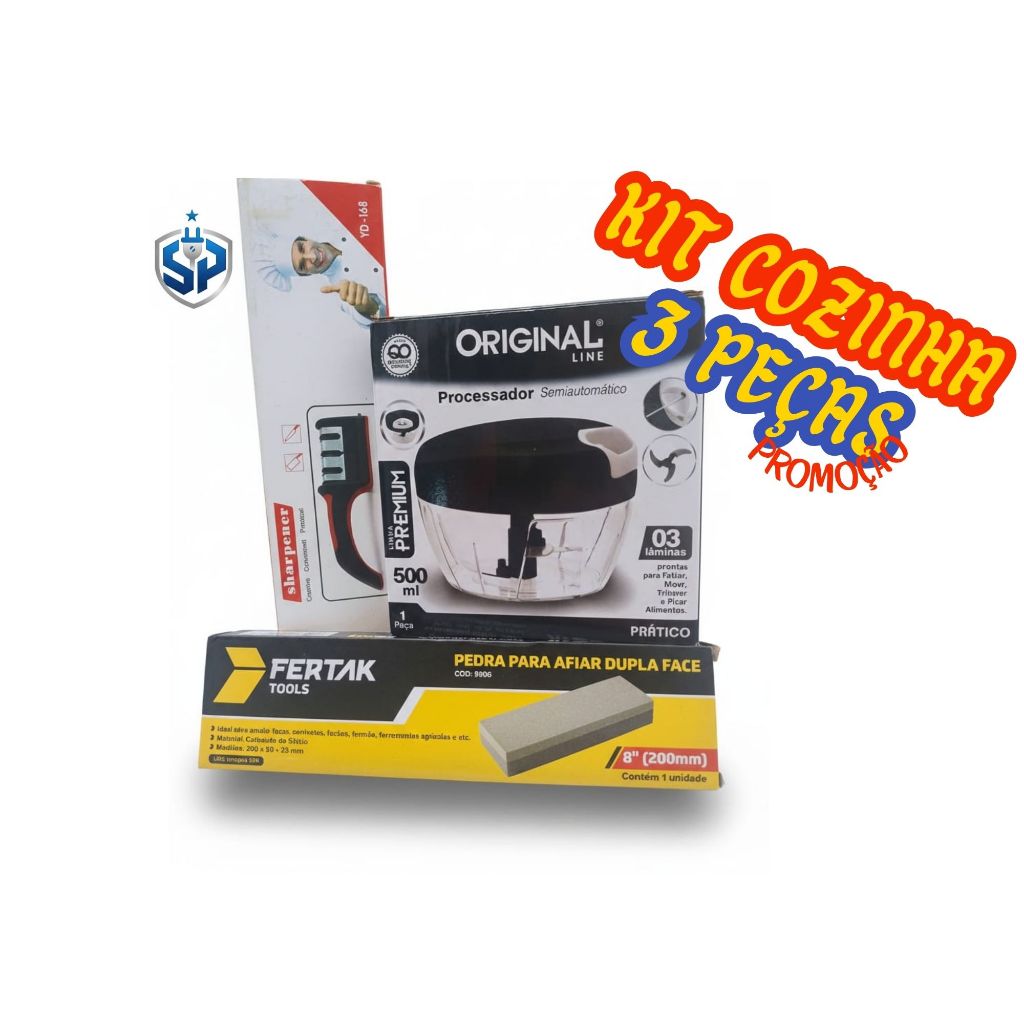 Kit Cozinha Prática - processador de alimentos + pedra de amolar + afiador de faca