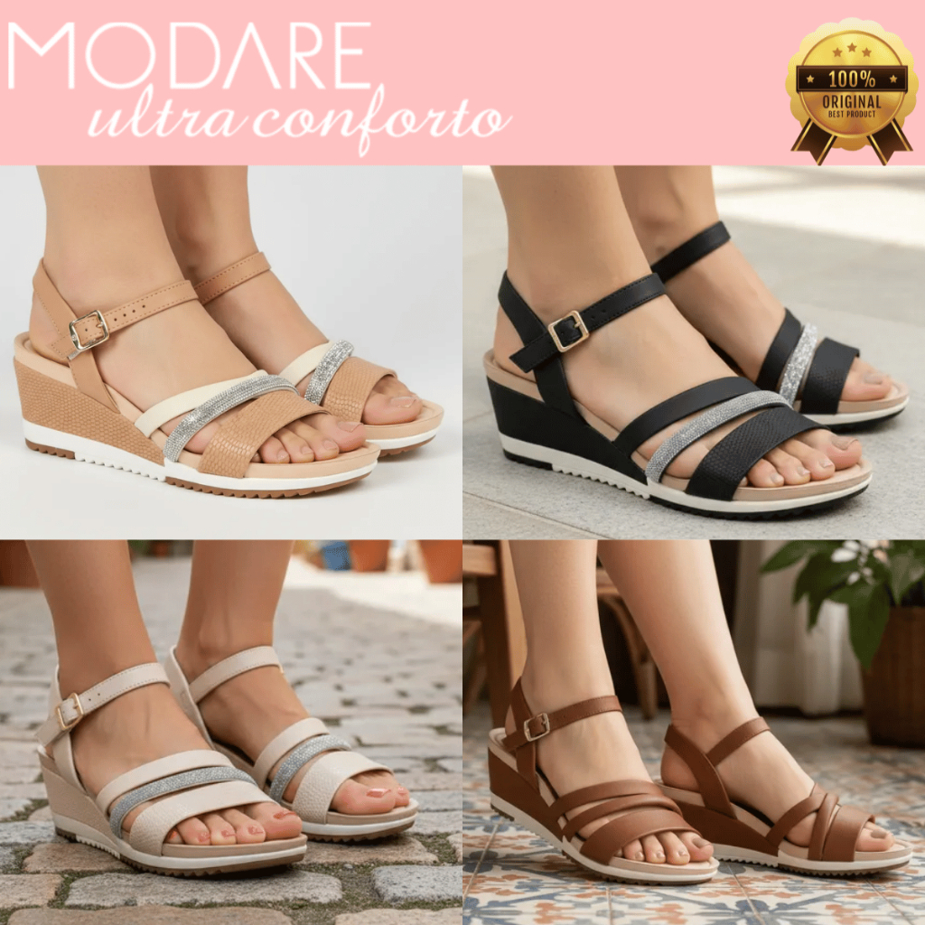 Sandália Feminina Modare Ultraconforto Esporão Salto Médio Anabela Plataforma Brilho Strass Original