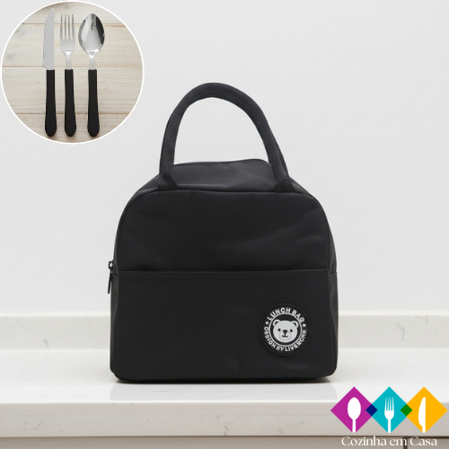 Lancheira isolada portátil + conjunto de talheres com garfos e colheres de aço inoxidável