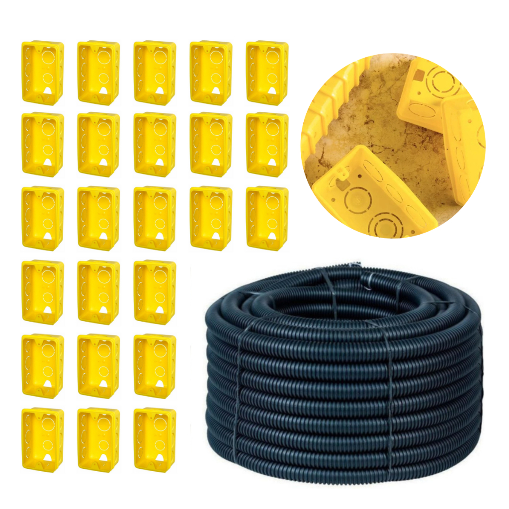 Kit Canduite Conduite Reforçado Cinza Escuro 50mt + 20 Caixa de Luz 4x2 Amarelo - Promoção