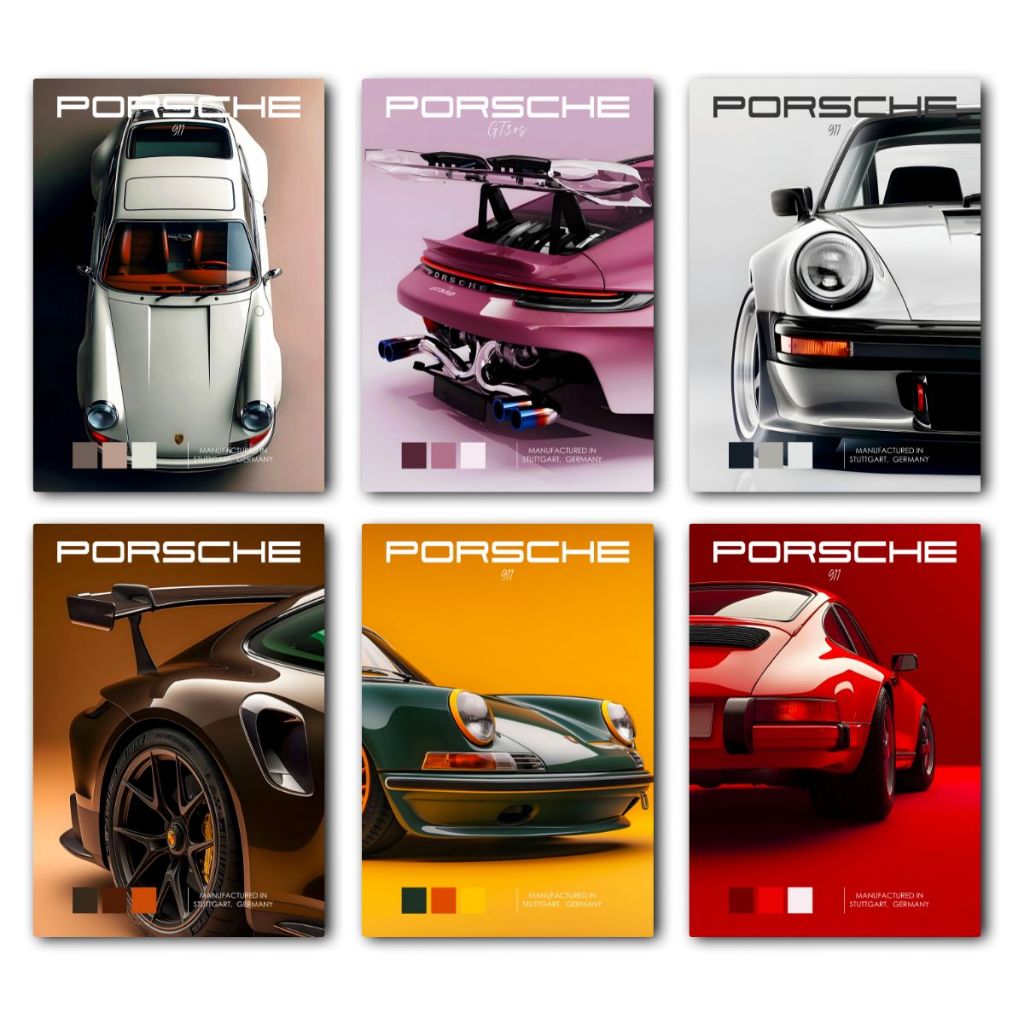 Kit 6 Quadros Decorativos Porsche - Decoração Automotiva Premium - Feito em Madeira - Com Adesivo