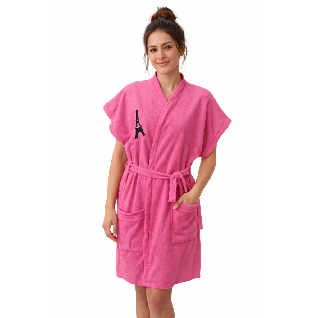 Roupao Adulto Feminino para Mulher Felpudo Paris Rosa Bordado com Faixa 100% Algodão Praia Piscina Quentinho Dormir