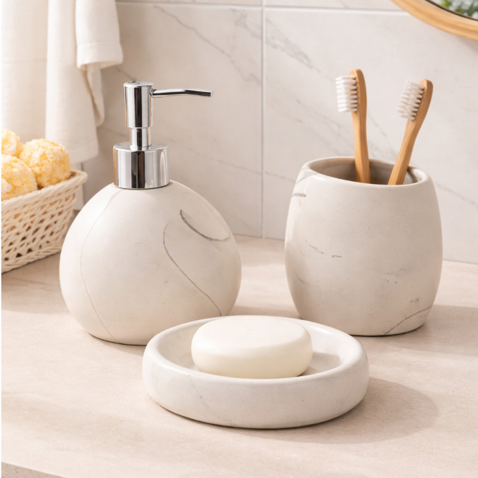 Kit Banheiro Lavabo 3 Peças Branco e Preto Fosco ou Brilhante Porta Sabonete Líquido Suporte Escova