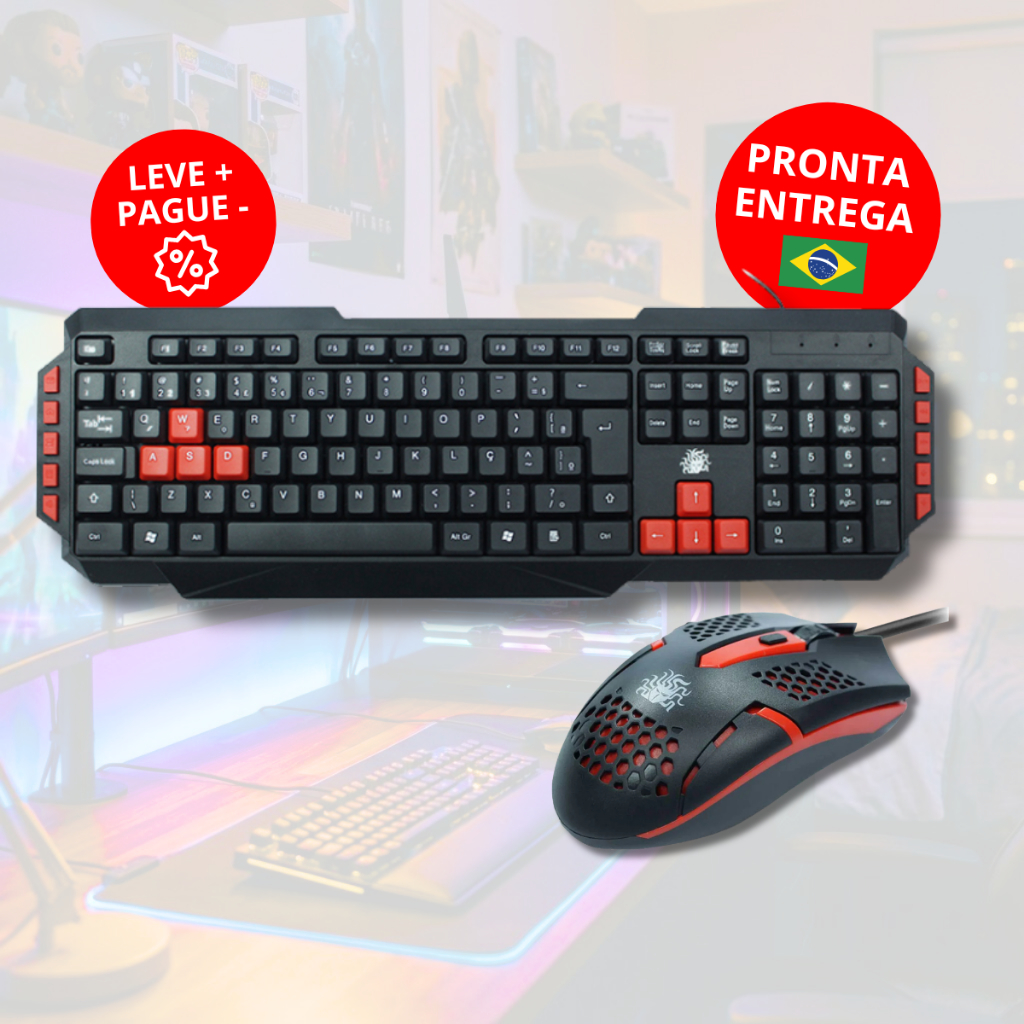 Teclado Mouse Gamer Multimídia Lateral USB ABNT2 Teclas Destacadas em Oferta na Shopee