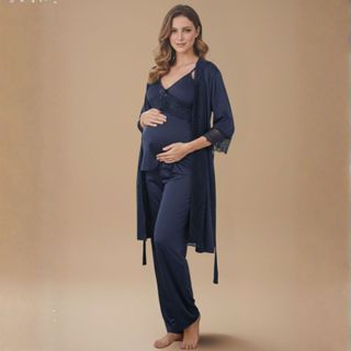 KIT Pijama Amamentação BabyDoll com CALÇA Longa e Blusa Com Click + ROBE em Renda em Oferta na Shopee