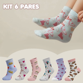 Kit 6 Pares Meia Infantil Criança Menino Menina Criança Coloridas Estampadas Escolar Cano Médio em Oferta na Shopee