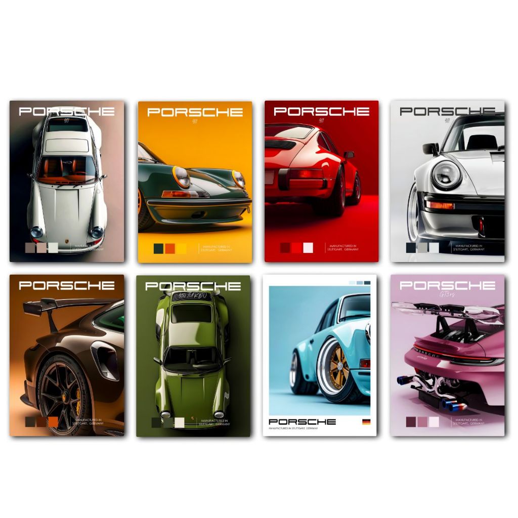 Kit 8 Quadros Decorativos Porsche - Decoração Automotiva Premium - Feito em Madeira - Com Adesivo