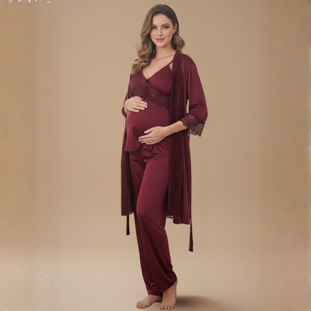 KIT Pijama Amamentação BabyDoll com CALÇA Longa e Blusa Com Click + ROBE em Renda em Oferta na Shopee